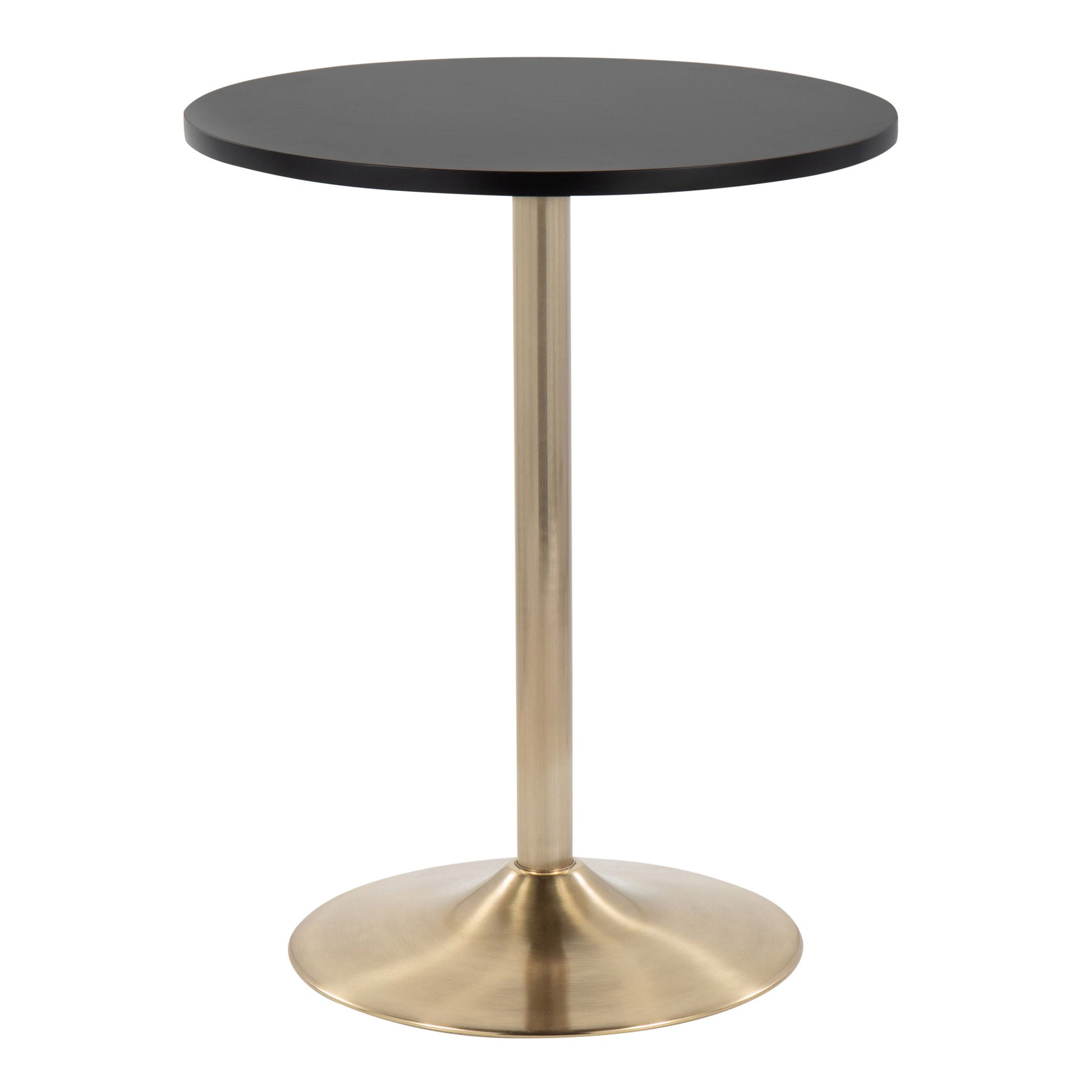 The Pebble Contemporary & Glam Adjustable Dining / Bar Table features a small round black tabletop, a single gold metal pedestal leg, and a matching gold circular base.