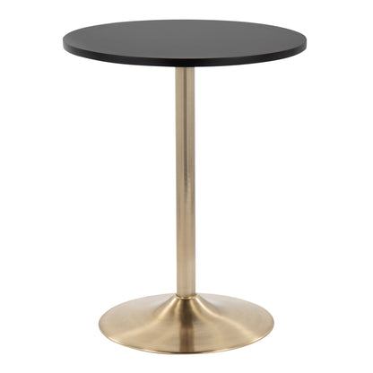 The Pebble Contemporary & Glam Adjustable Dining / Bar Table features a small round black tabletop, a single gold metal pedestal leg, and a matching gold circular base.