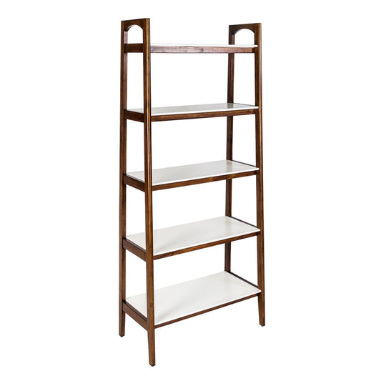 The Mid-Century Design 5 Shelf Bookcase in Off White/Pecan features a simple, open design with five white shelves, a brown frame, and slightly angled legs.