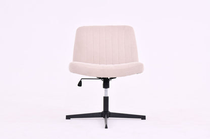 The Cross Legged Office Chair is a beige, armless, upholstered desk chair with a curved backrest, black metal swivel base, and height adjustment—ideal for home or office use. No wheels. Shown against a plain light background.