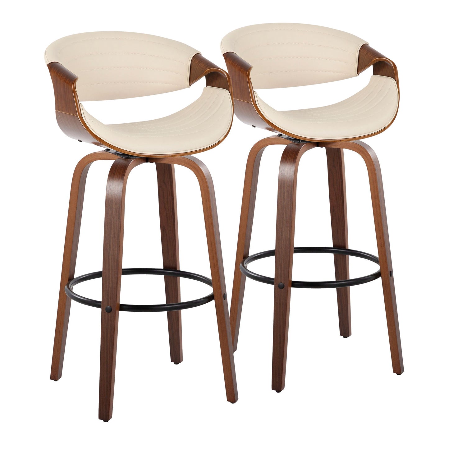 The Symphony - Mid Century Modern Fixed Height Barstool with Swivel and Round Footrest (Set of 2) features curved wooden legs and armrests, cream cushioned seats and backs, plus black metal footrests. Shown side by side on a white background.