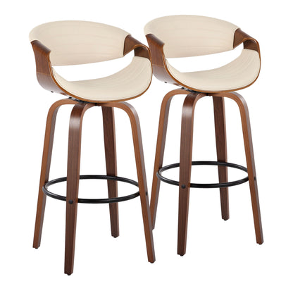 The Symphony - Mid Century Modern Fixed Height Barstool with Swivel and Round Footrest (Set of 2) features curved wooden legs and armrests, cream cushioned seats and backs, plus black metal footrests. Shown side by side on a white background.