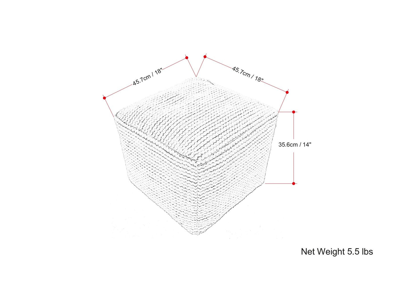The Eastmont Outdoor/Indoor Pouf in Cream is a woven cube ottoman measuring 45.7 cm (18") length and width, 35.6 cm (14") height, with a net weight of 5.5 lbs.