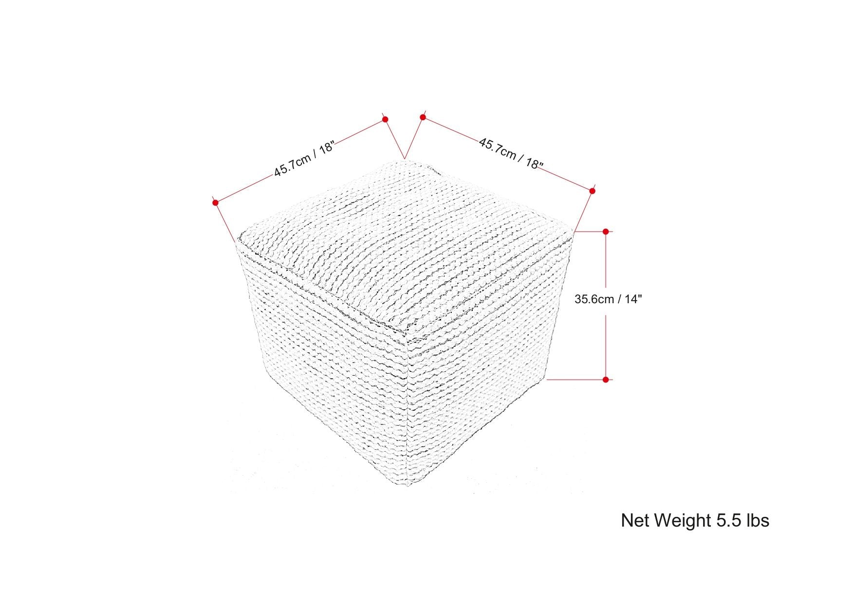 The Eastmont Outdoor/Indoor Pouf in Cream is a woven cube ottoman measuring 45.7 cm (18") length and width, 35.6 cm (14") height, with a net weight of 5.5 lbs.