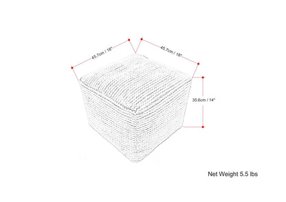 The Eastmont Outdoor/Indoor Pouf in Cream is a woven cube ottoman measuring 45.7 cm (18") length and width, 35.6 cm (14") height, with a net weight of 5.5 lbs.
