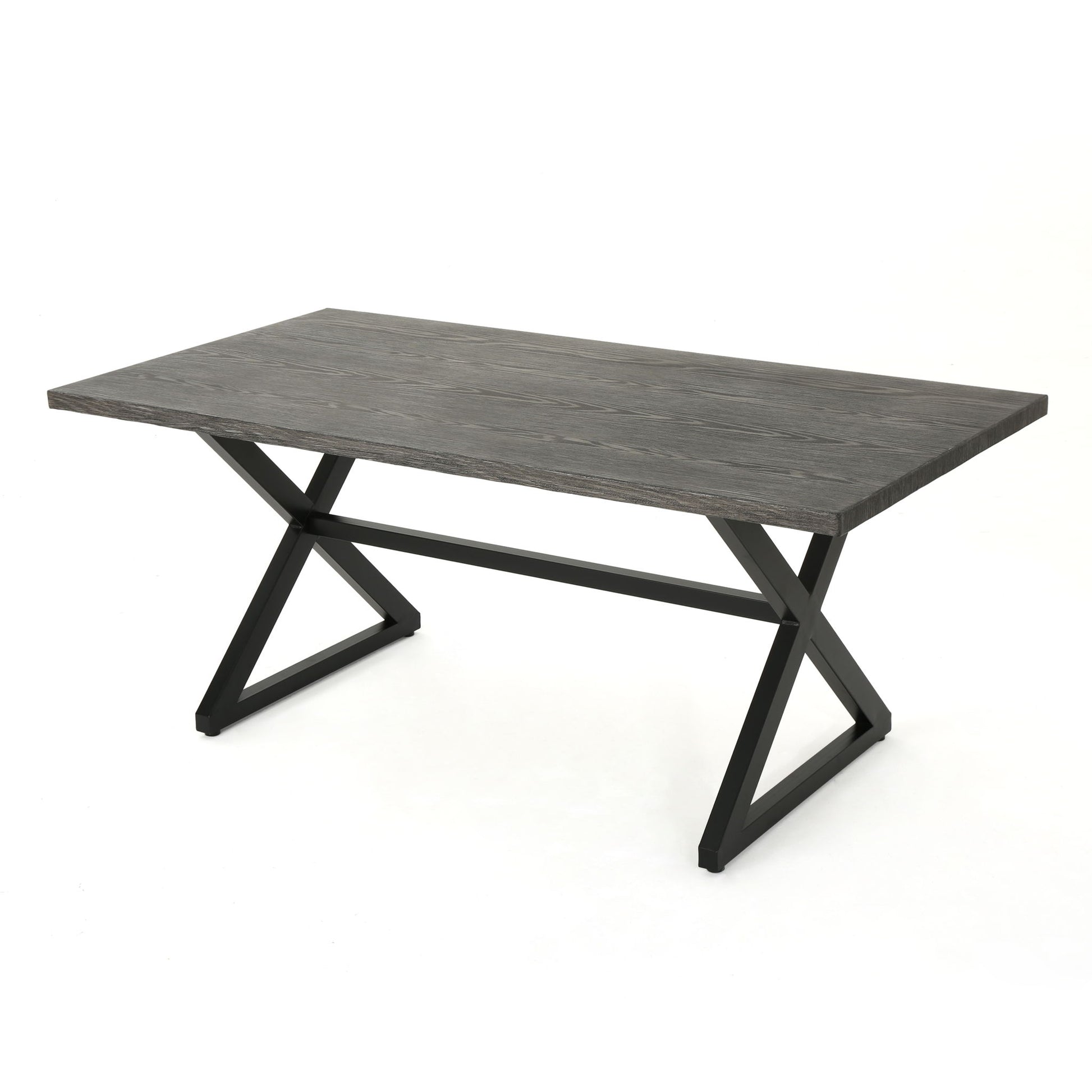 The Rolando Outdoor Aluminum Dining Table features a sleek steel frame and is showcased against a plain white background.