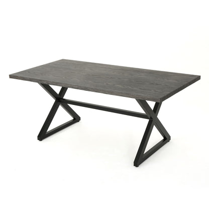 The Rolando Outdoor Aluminum Dining Table features a sleek steel frame and is showcased against a plain white background.
