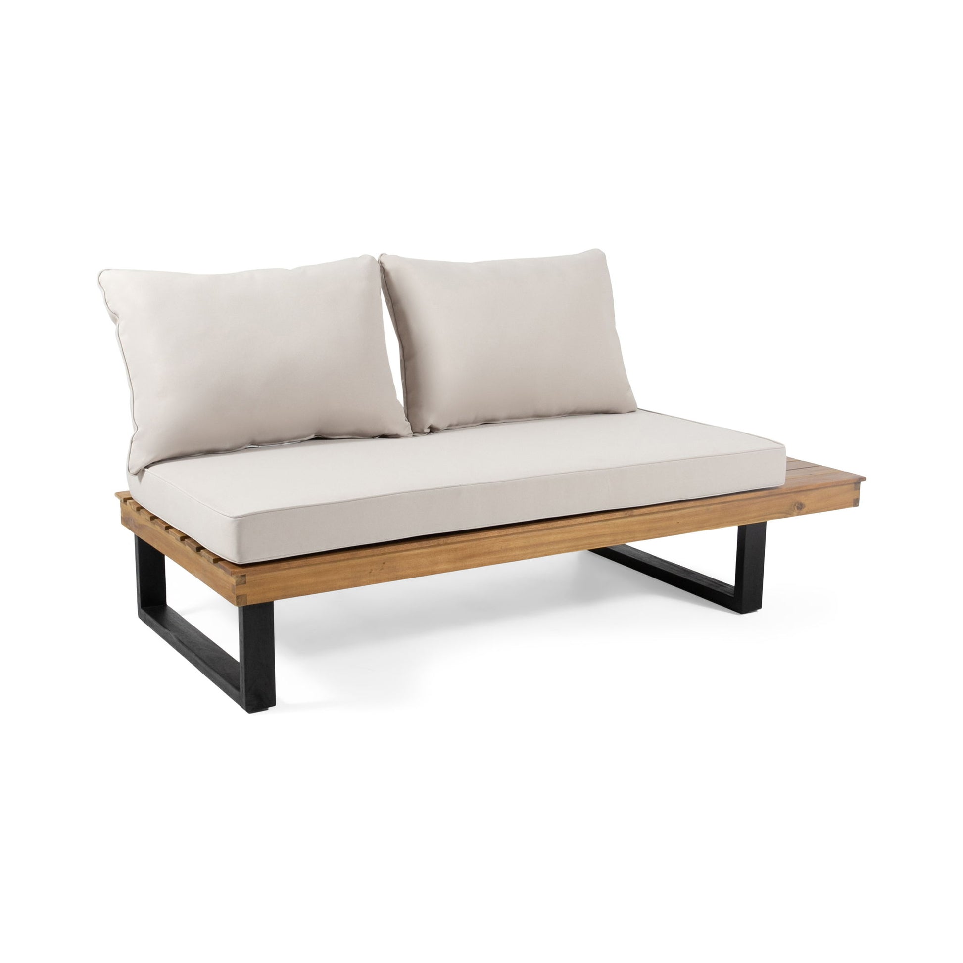 The Sebastian 2 Seater Sofa features a modern design with a wooden seat, black metal legs, a thick beige cushion, and two large matching backrest cushions for outdoor comfort.