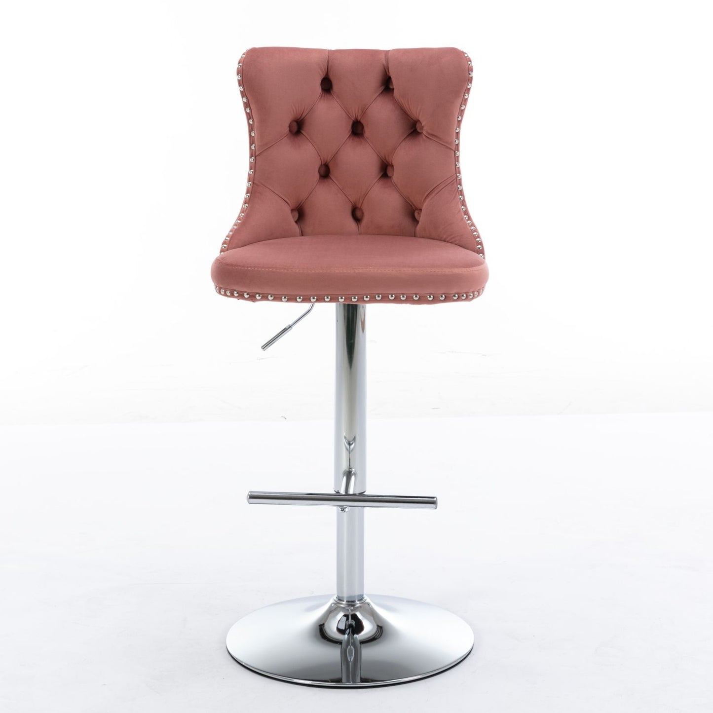 Set of 2 pink swivel velvet barstools with tufted backs, silver nailhead trim, and chrome adjustable bases (seat height 25–33") with footrests, shown against a plain white background. Ideal for home pubs or kitchen islands.
