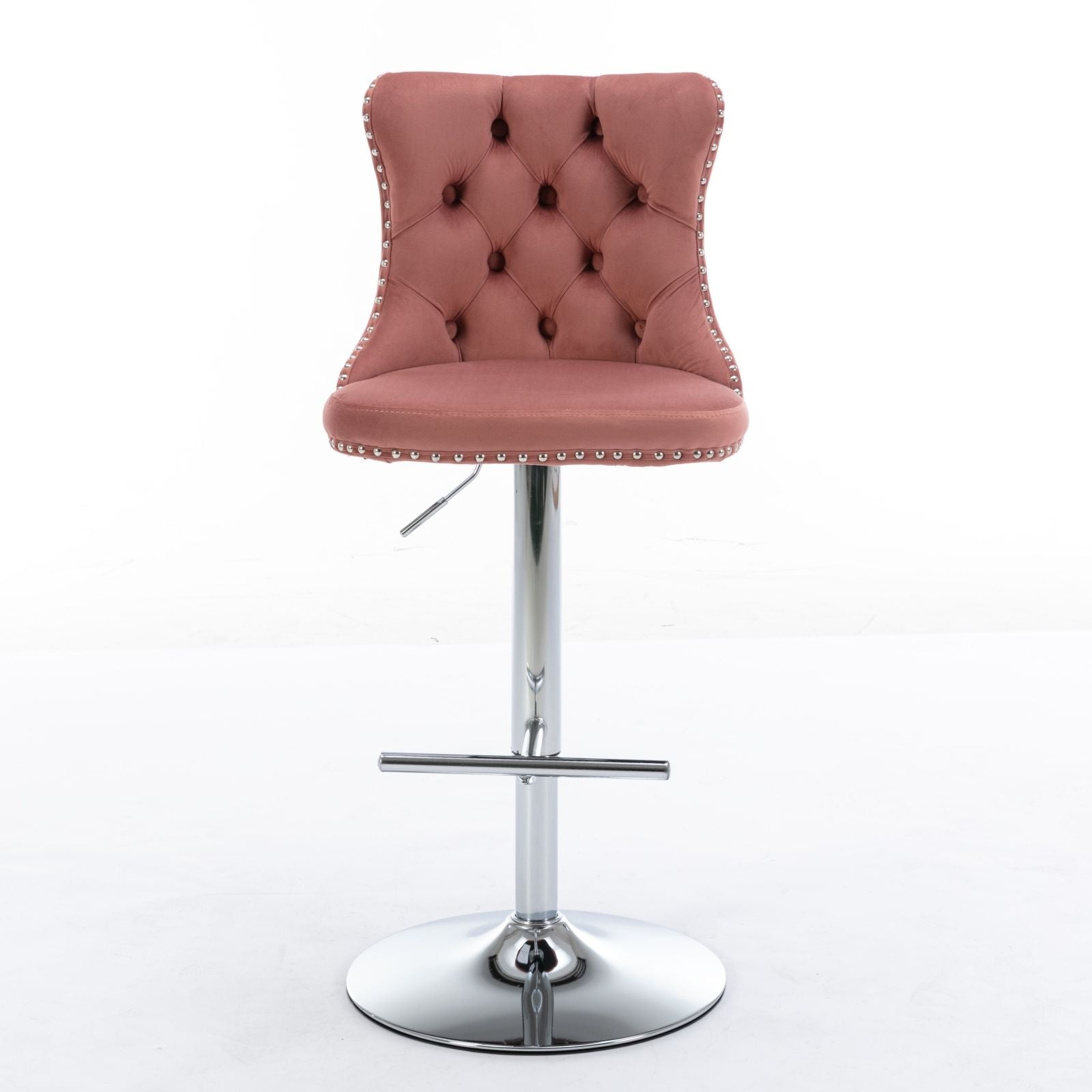 Set of 2 pink swivel velvet barstools with tufted backs, silver nailhead trim, and chrome adjustable bases (seat height 25–33") with footrests, shown against a plain white background. Ideal for home pubs or kitchen islands.