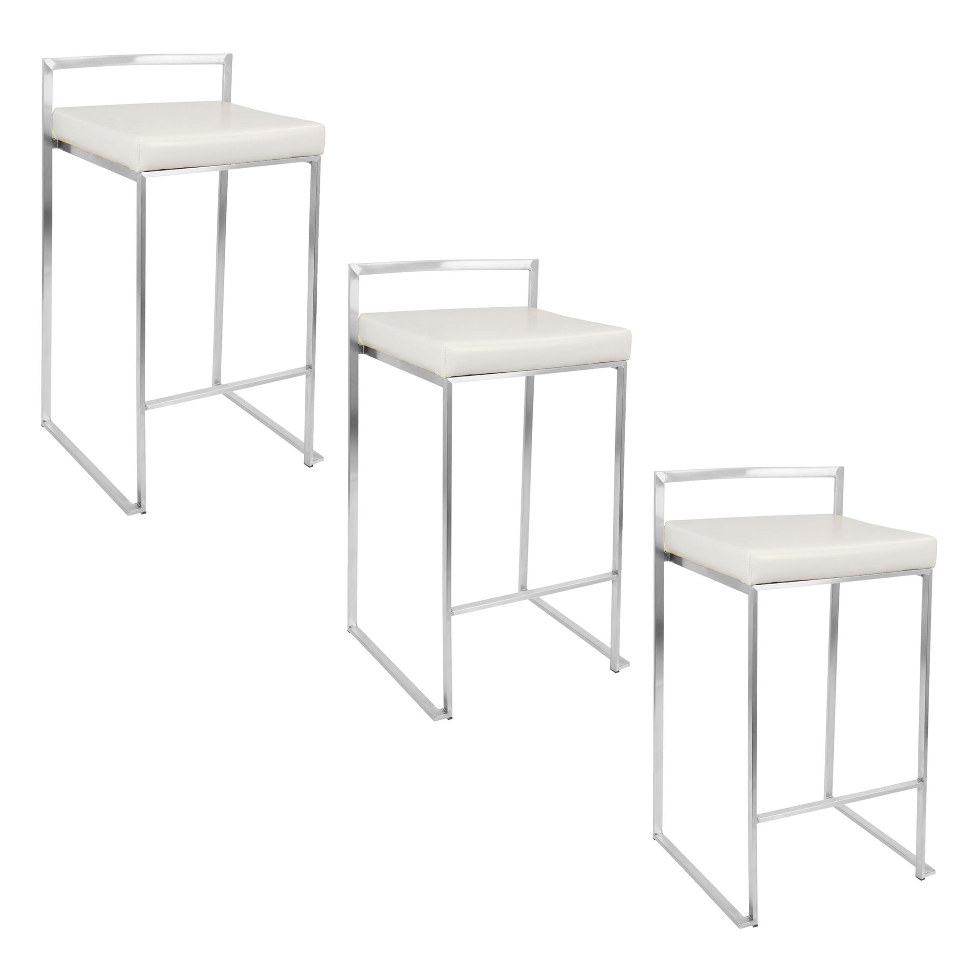 Set of three Fuji Elegant Design Contemporary Stackable Counter Stools with white cushioned seats and sleek metal frames, displayed at various heights against a white background.