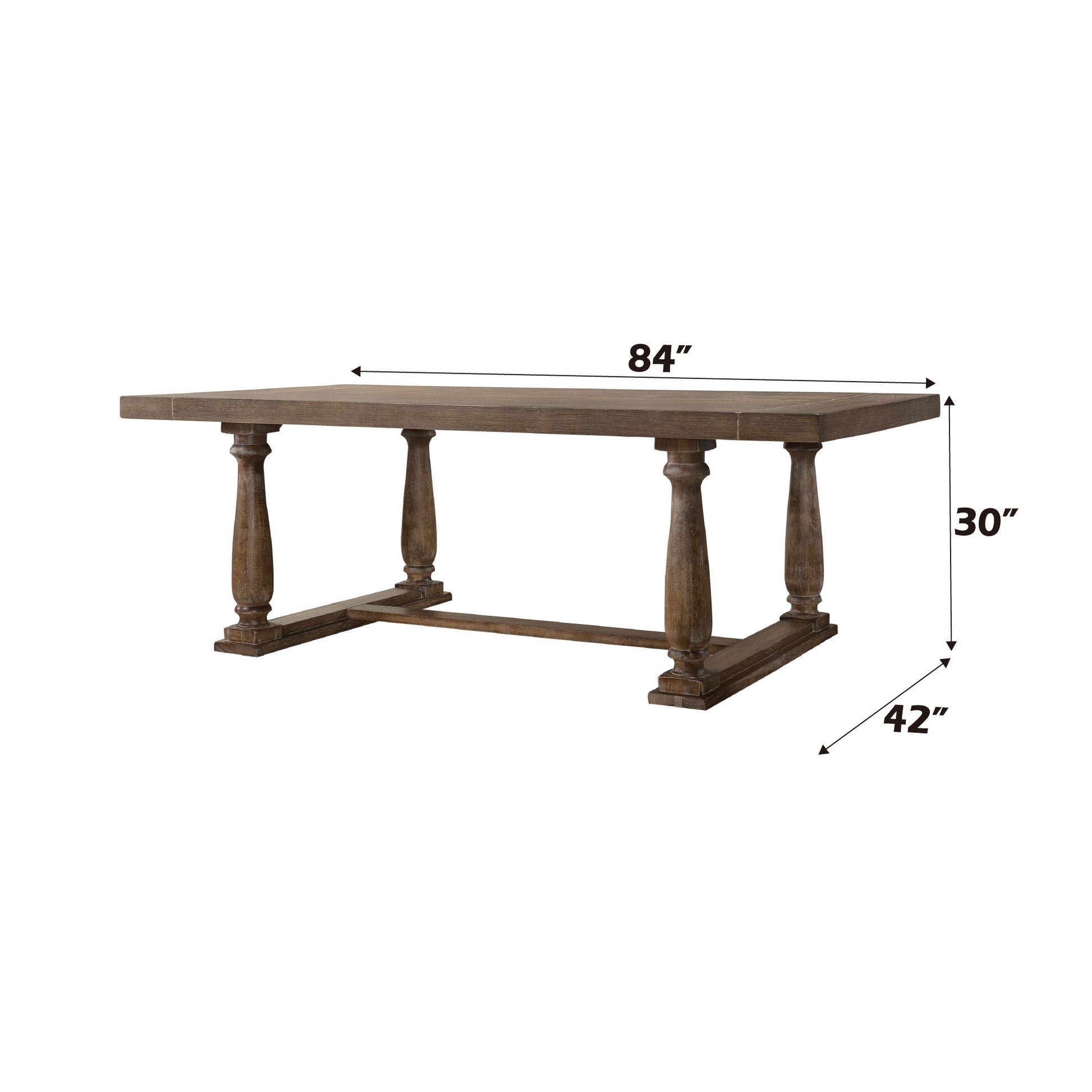 The Bernard - 7 Pieces Dining Room Set features a rectangular wooden table with four ornate legs and a stretcher base, measuring 84"L x 42"W x 30"H. The set is photographed against a white background.