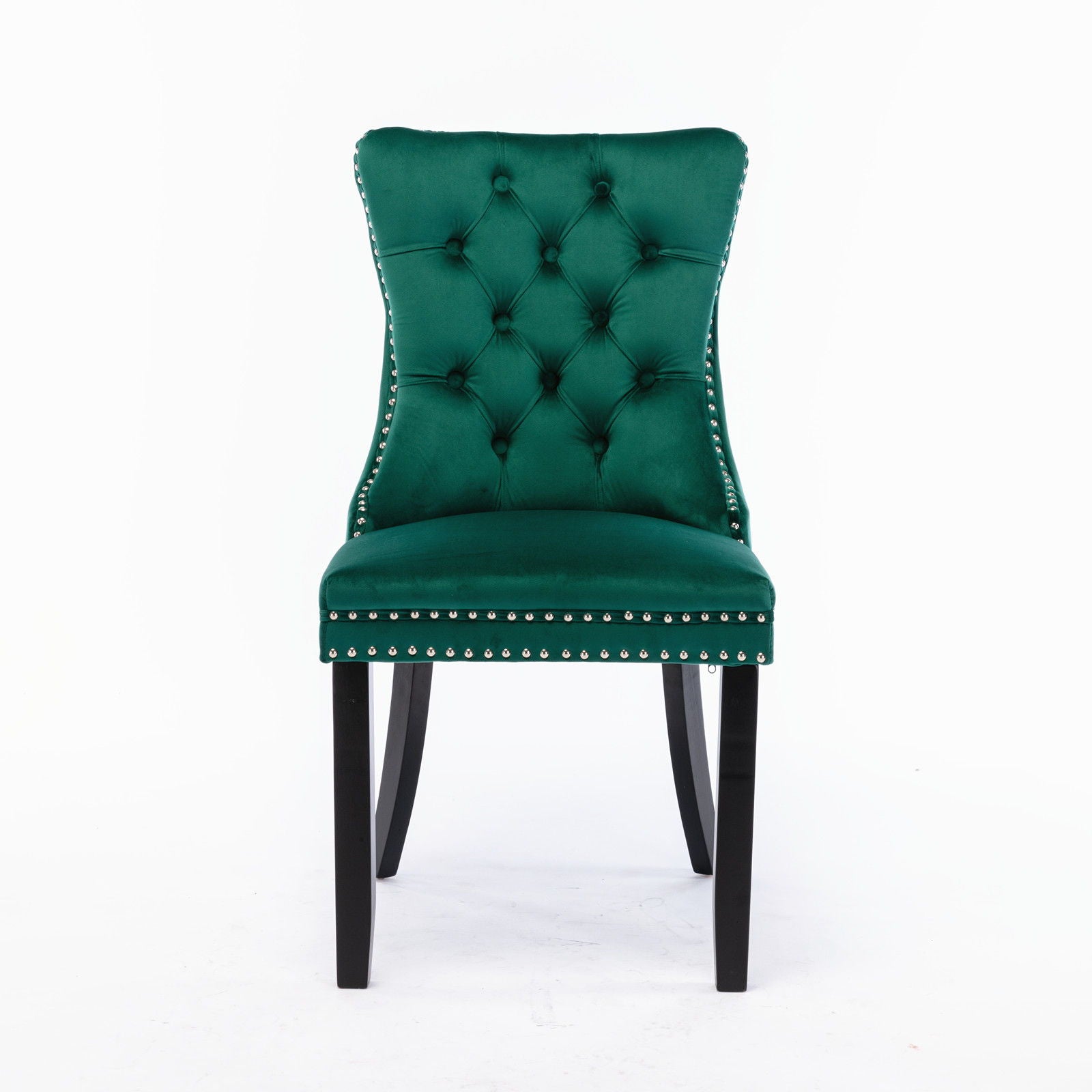 The Nikki set includes two modern, high-end velvet-upholstered dining chairs with a tufted back, silver nailhead trim, and solid wood legs, shown against a plain white background.