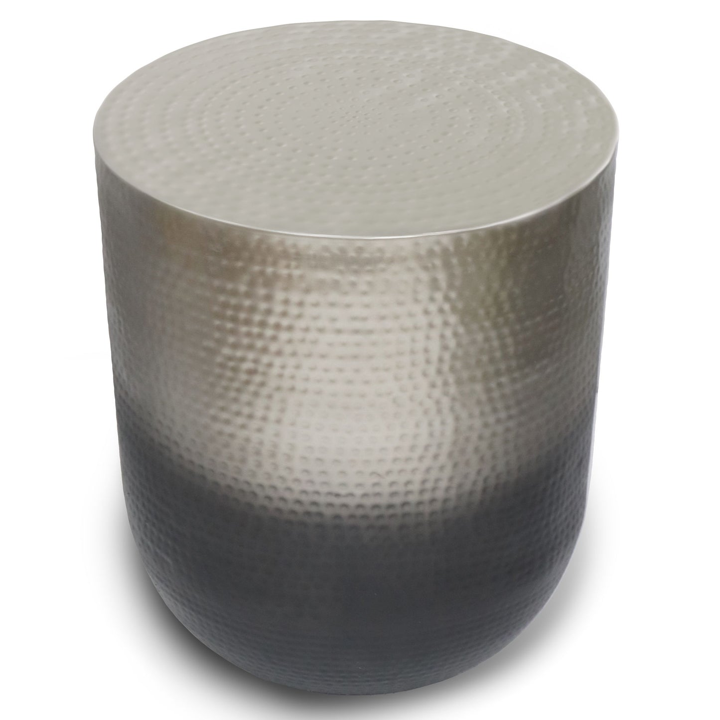 The Nova - Handcrafted Metal Side Table features a round, hammered metal design with a gradient finish fading from light silver at the top to dark gray at the base, displayed against a plain white background.