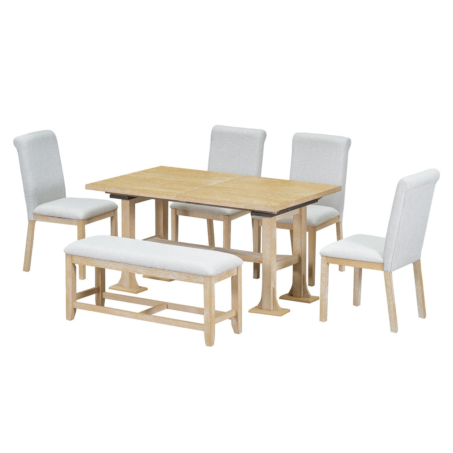 The Topmax 6 Piece Farmhouse Extendable Dining Table Set features a trestle table with removable leaf, upholstered dining chairs, and a matching bench—perfect for your dining room.