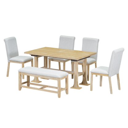 The Topmax 6 Piece Farmhouse Extendable Dining Table Set features a trestle table with removable leaf, upholstered dining chairs, and a matching bench—perfect for your dining room.
