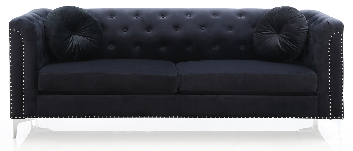 The Elegant Contemporary Sofa features a modern black velvet design with a button-tufted backrest, silver nailhead trim on the arms and base, and includes two round black accent pillows on each side.