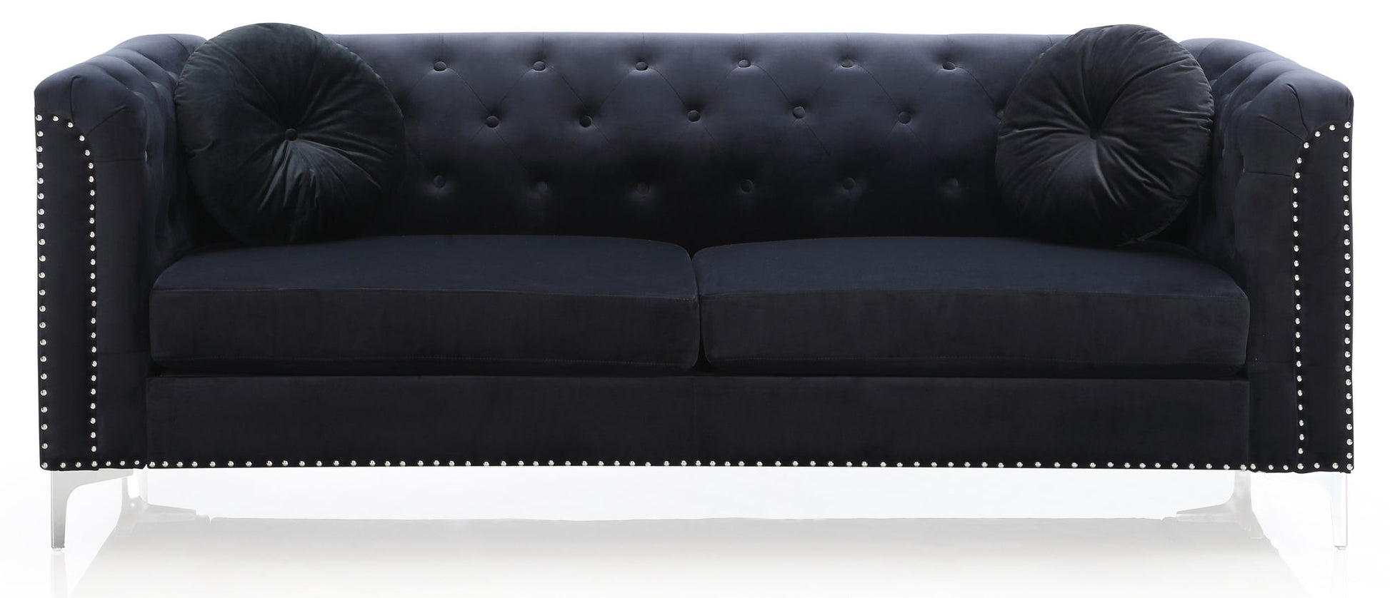The Elegant Contemporary Sofa features a modern black velvet design with a button-tufted backrest, silver nailhead trim on the arms and base, and includes two round black accent pillows on each side.