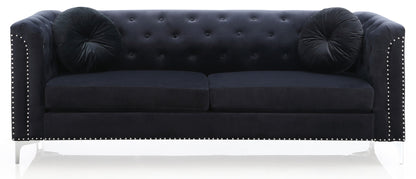The Elegant Contemporary Sofa features a modern black velvet design with a button-tufted backrest, silver nailhead trim on the arms and base, and includes two round black accent pillows on each side.