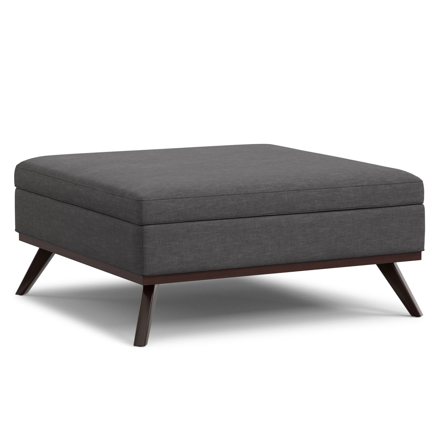 The Owen Multifunctional Square Coffee Table Storage Ottoman features dark gray upholstery, a cushioned top, and angled wooden legs with a dark finish.