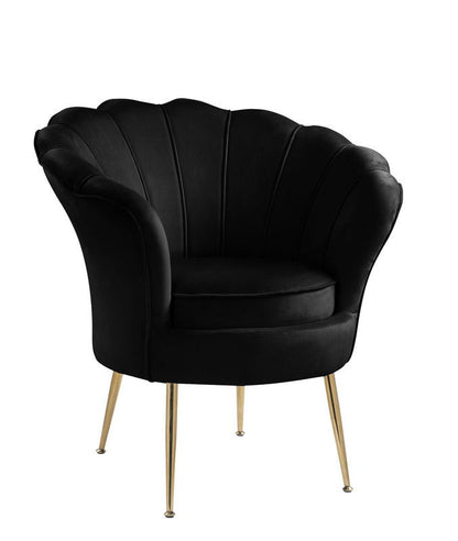 The Angelina is a black velvet barrel accent chair featuring a scalloped shell-like backrest and slim gold metal legs.