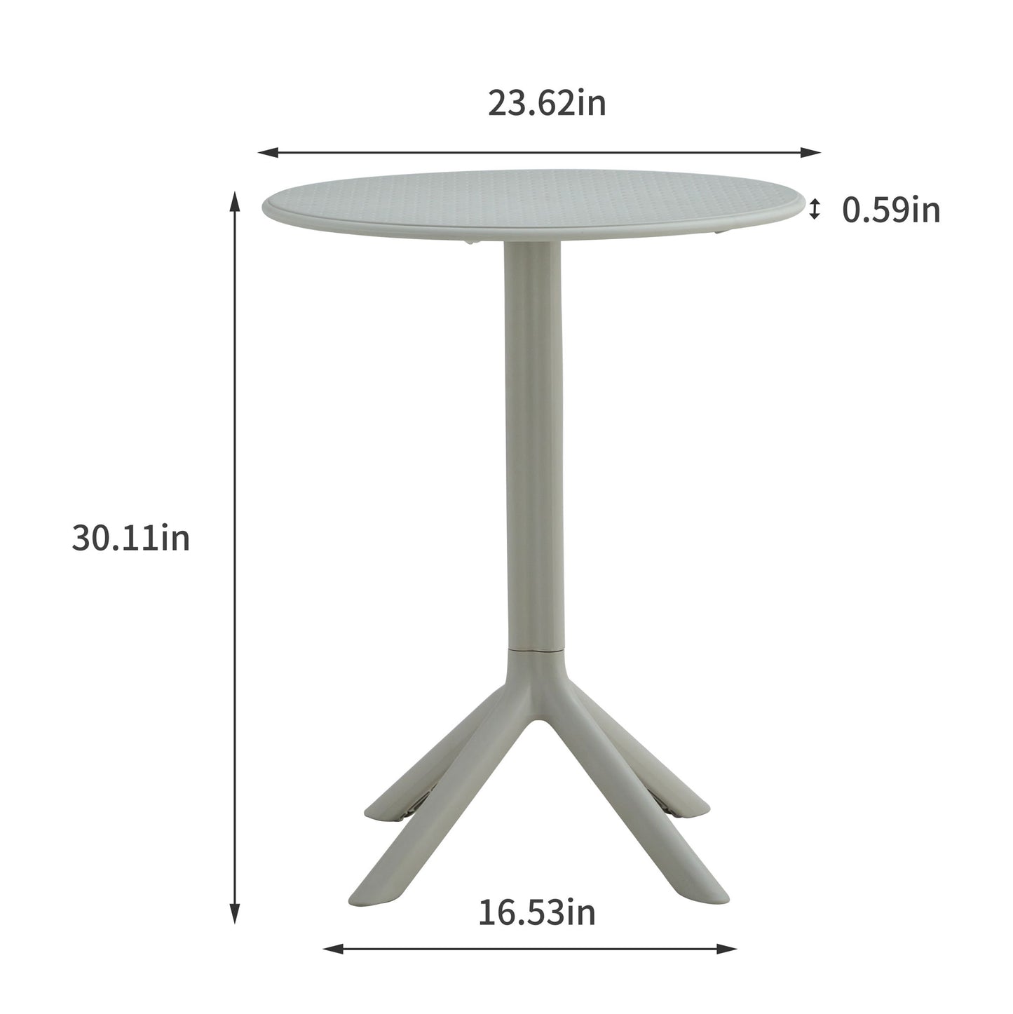 The 3 Piece Plastic Arm Chair Bistro Grs Premium Ocean Plastic set features a round table with a flat top, central pedestal base with three legs. Table: 23.62"W x 30.11"H, top thickness 0.59", base width 16.53". Measurements shown with arrows.
