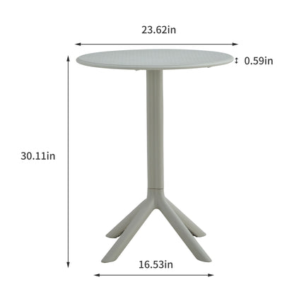 The 3 Piece Plastic Arm Chair Bistro Grs Premium Ocean Plastic set features a round table with a flat top, central pedestal base with three legs. Table: 23.62"W x 30.11"H, top thickness 0.59", base width 16.53". Measurements shown with arrows.