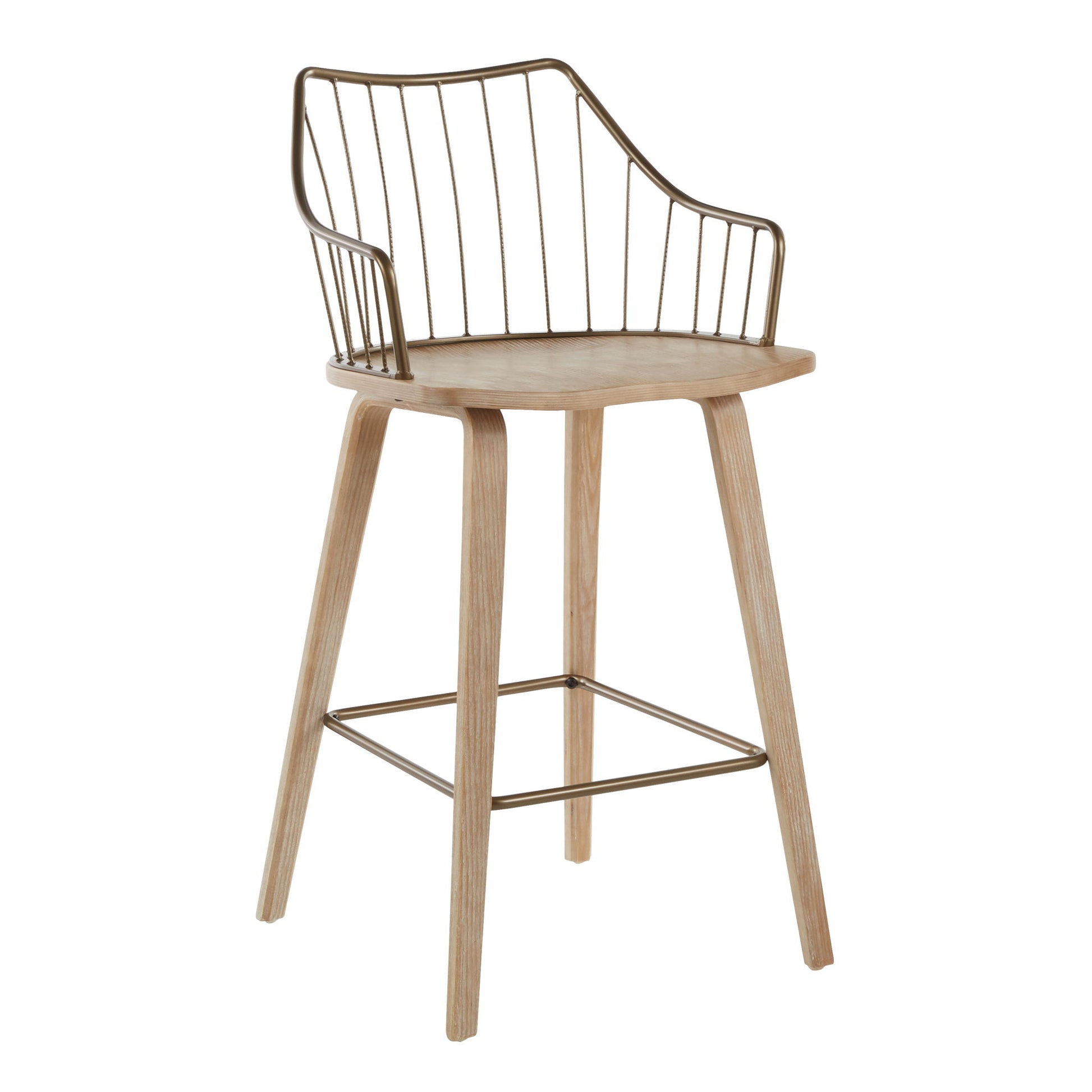 The Winston - Farmhouse Counter Stool features a light wooden seat and legs, metal wire backrest and armrests in bronze finish, plus a footrest connecting its four angled legs for modern farmhouse style.
