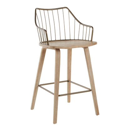 The Winston - Farmhouse Counter Stool features a light wooden seat and legs, metal wire backrest and armrests in bronze finish, plus a footrest connecting its four angled legs for modern farmhouse style.