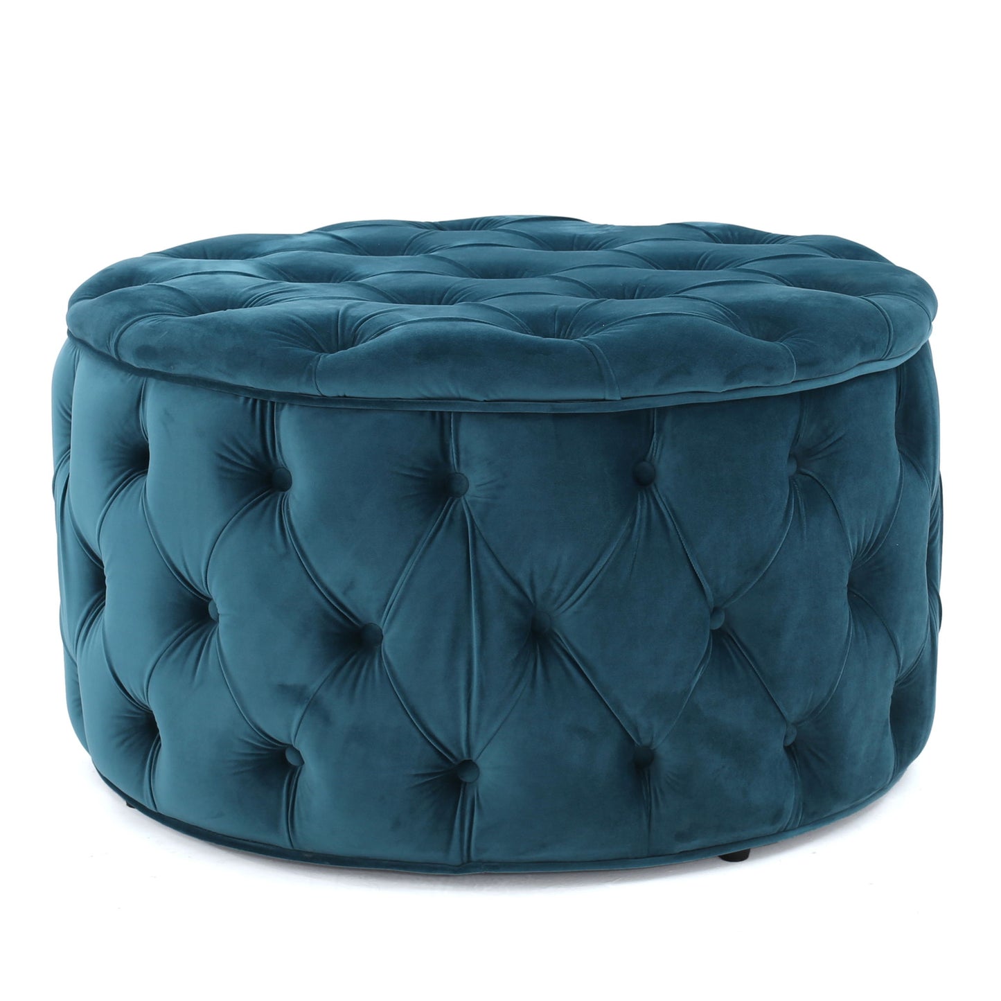 The Modern Glam Ottoman Velvet is a round, teal-blue ottoman with tufted velvet upholstery, a cushioned top, and stylish button accents.