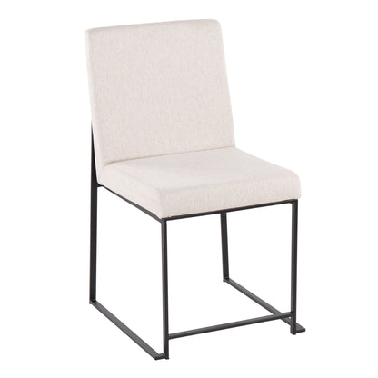 The Fuji High Back Dining Chair (Set of 2) offers contemporary elegance with a light beige upholstered seat and backrest, complemented by a minimalist black metal frame and sleek sled-style legs.