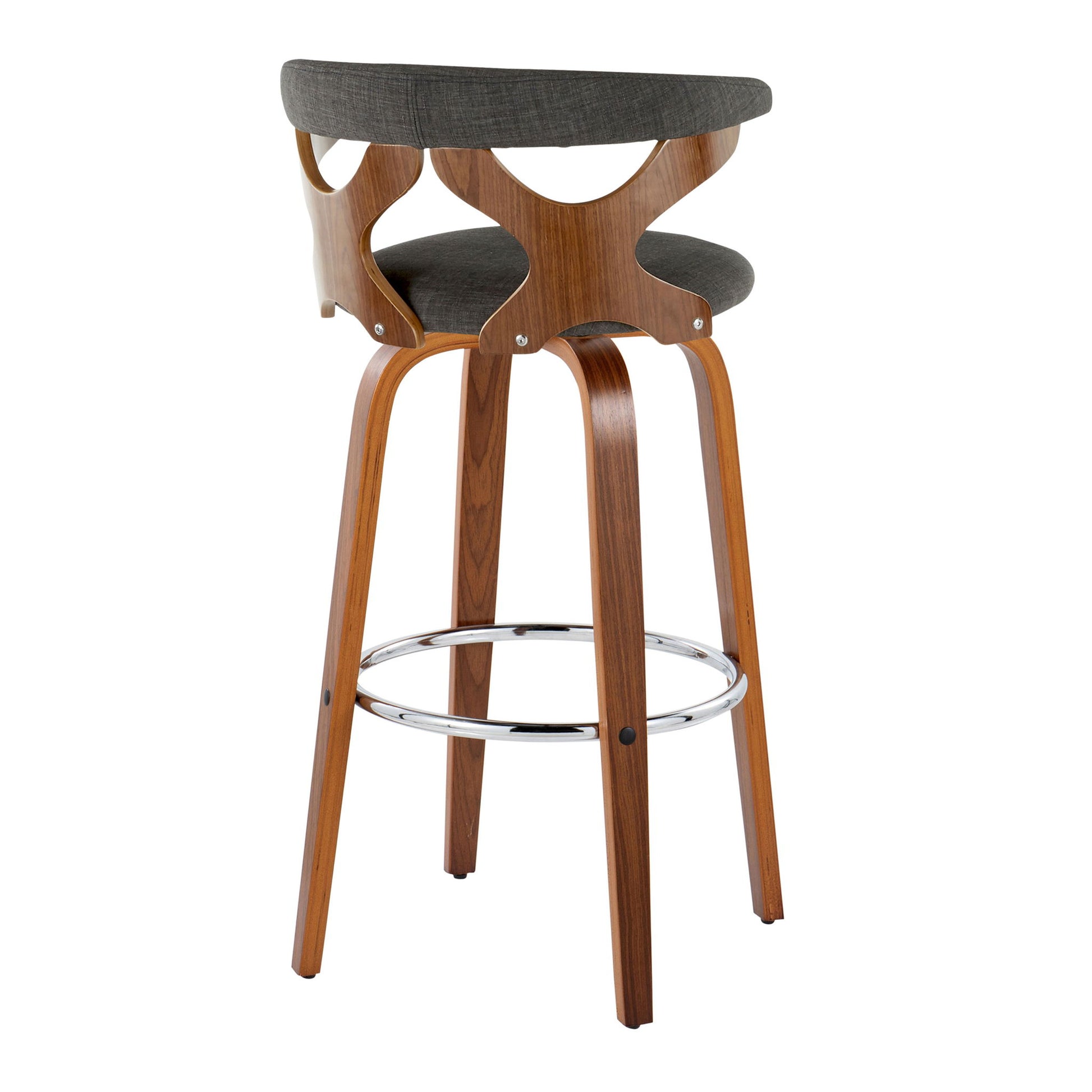 The Gardenia Mid Century Modern Fixed Height Barstool Set features curved dark wood backs, dark gray cushioned seats, four angled wooden legs, and a round chrome footrest. Swivel design included. Set of 2.