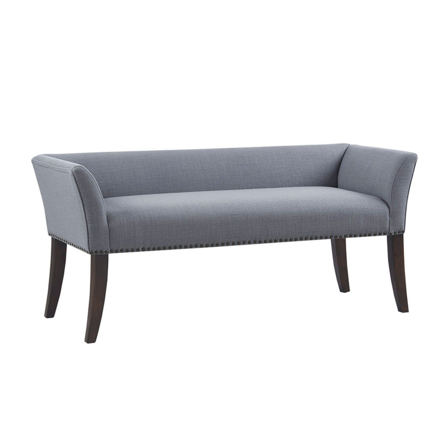The Elegant Design Bench Upholstery features a modern gray fabric, angled arms, dark solid wood legs, and nailhead trim along the bottom edge, shown against a white background.