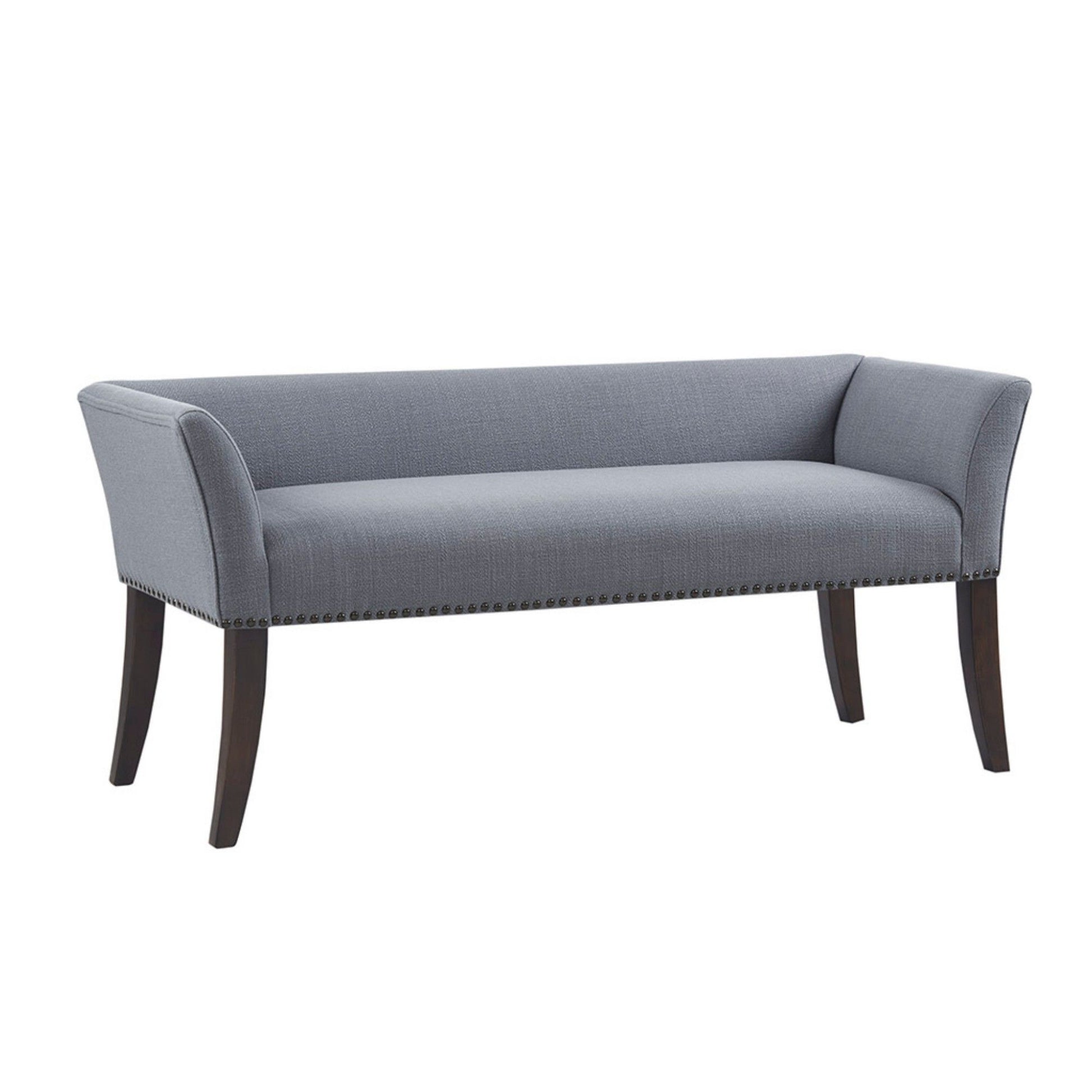The Elegant Design Bench Upholstery features a modern gray fabric, angled arms, dark solid wood legs, and nailhead trim along the bottom edge, shown against a white background.