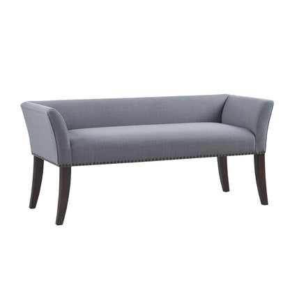 The Elegant Design Bench Upholstery features a modern gray fabric, angled arms, dark solid wood legs, and nailhead trim along the bottom edge, shown against a white background.