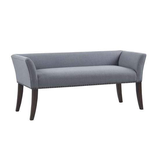 The Elegant Design Bench Upholstery features a modern gray fabric, angled arms, dark solid wood legs, and nailhead trim along the bottom edge, shown against a white background.