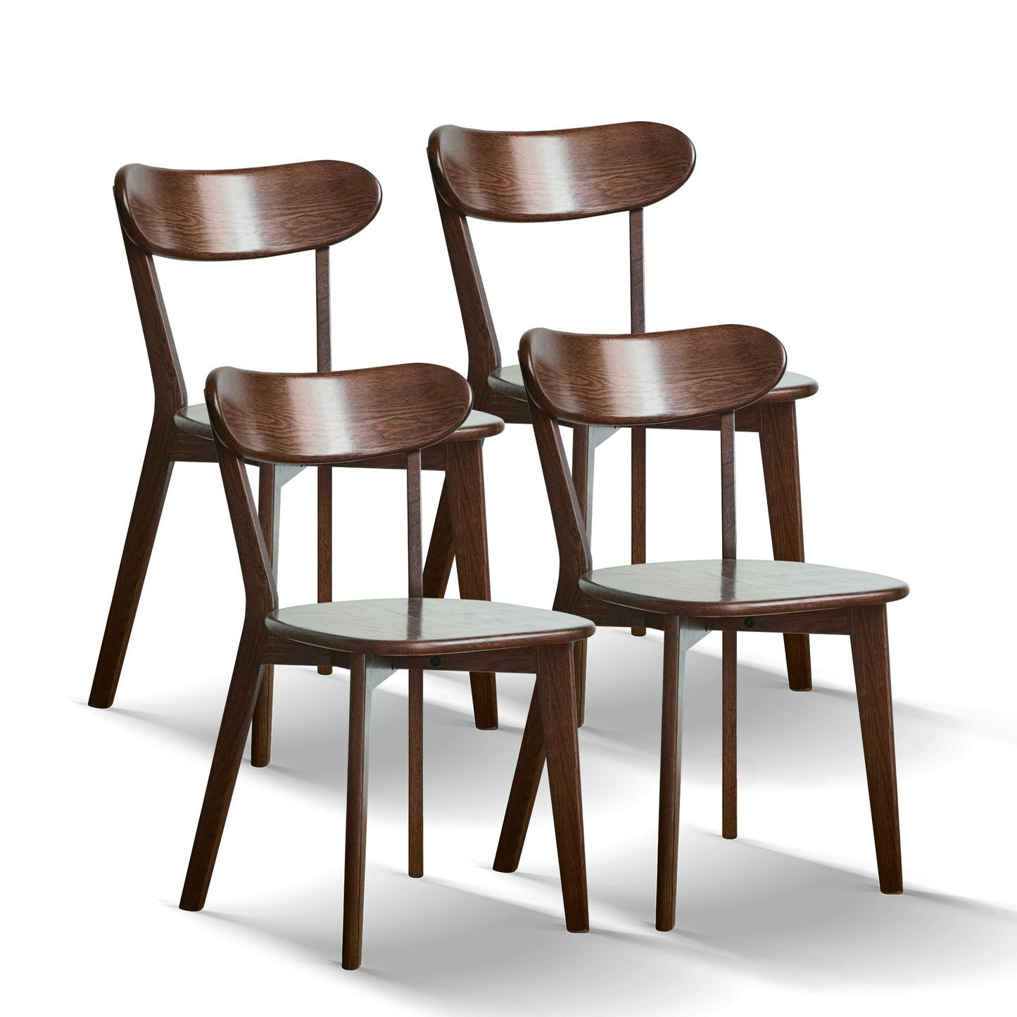 Four Simple Dining Chairs with curved backs and clean lines, made of dark brown wood, are arranged in two rows on a white background. Ideal as a solid chair table for your living room.