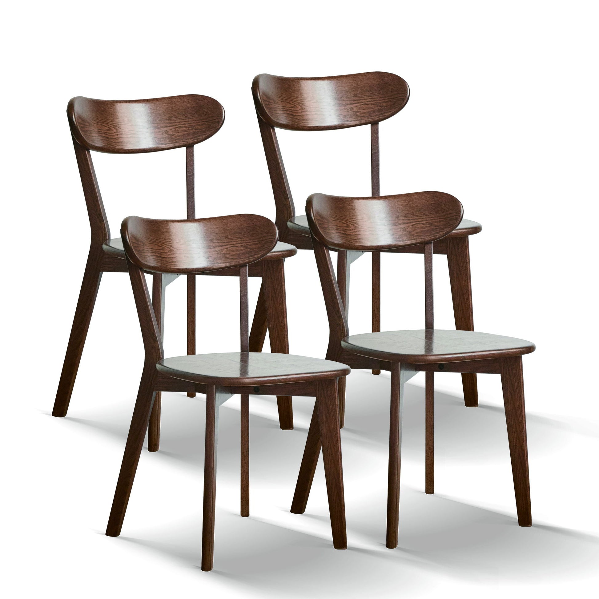 Four Simple Dining Chairs with curved backs and clean lines, made of dark brown wood, are arranged in two rows on a white background. Ideal as a solid chair table for your living room.