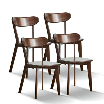 Four Simple Dining Chairs with curved backs and clean lines, made of dark brown wood, are arranged in two rows on a white background. Ideal as a solid chair table for your living room.