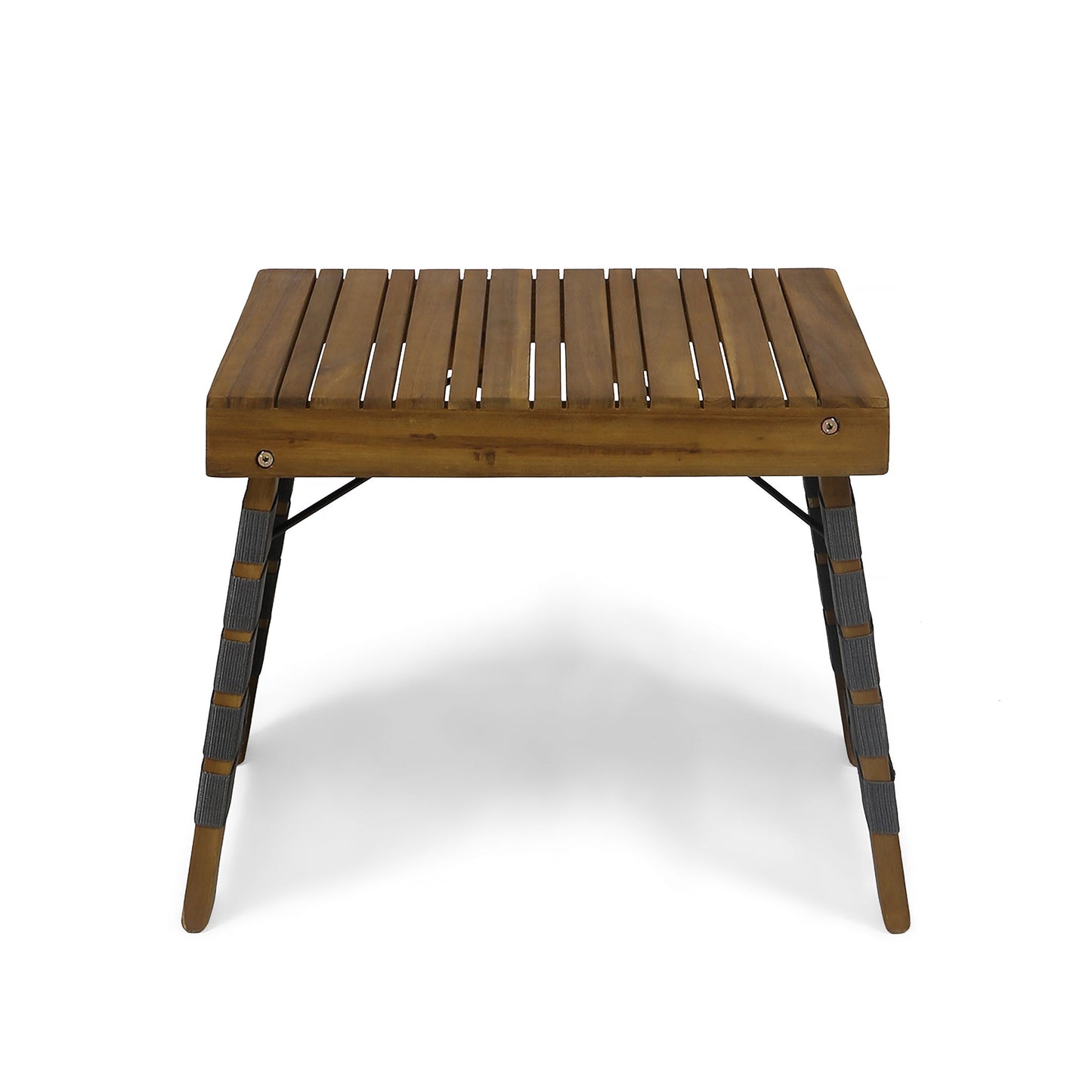 The Outdoor Wooden Foldable Side Table - Teak features slatted wood, four angled legs with wrapped detailing and metal braces for support, and is shown on a white background.
