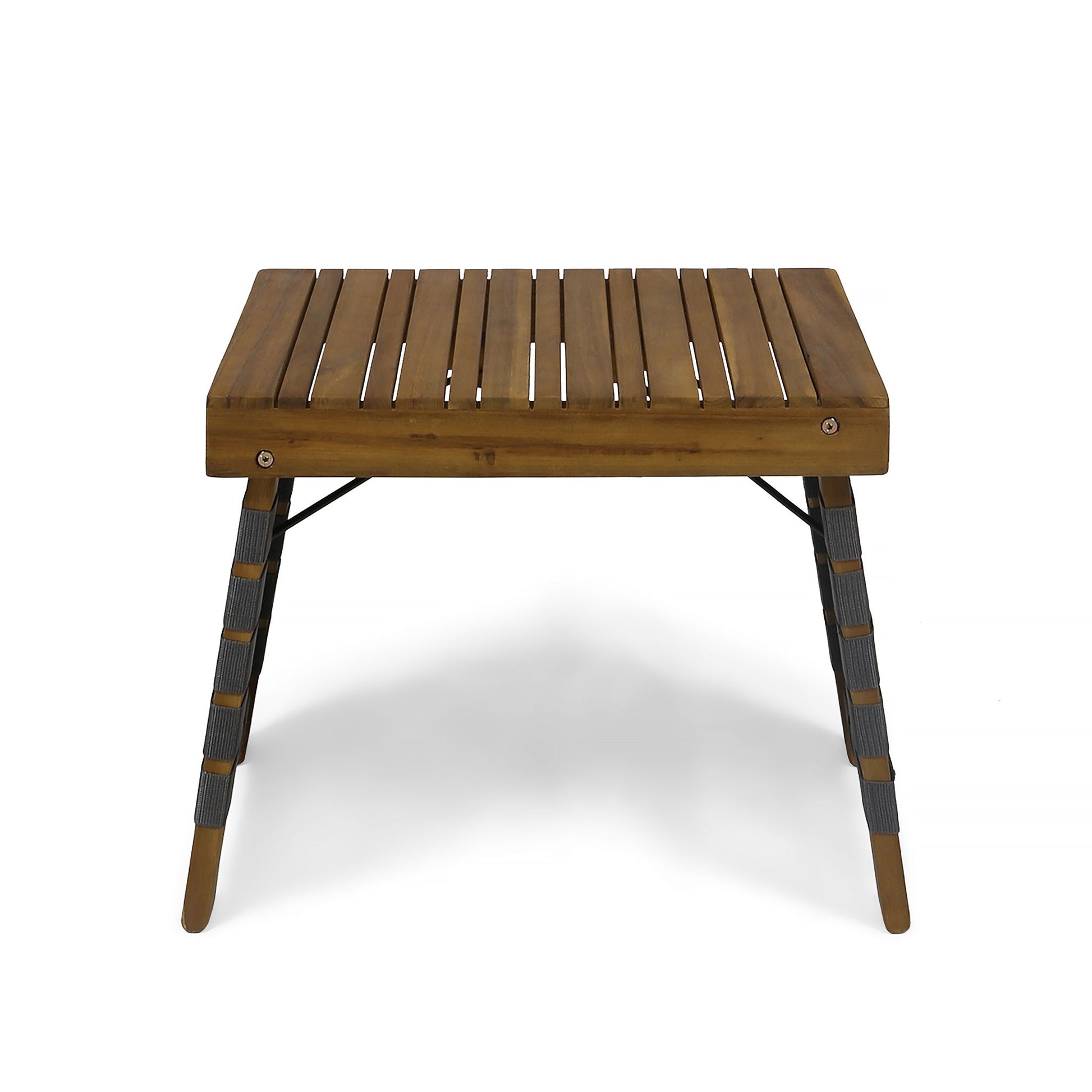 The Outdoor Wooden Foldable Side Table - Teak features slatted wood, four angled legs with wrapped detailing and metal braces for support, and is shown on a white background.