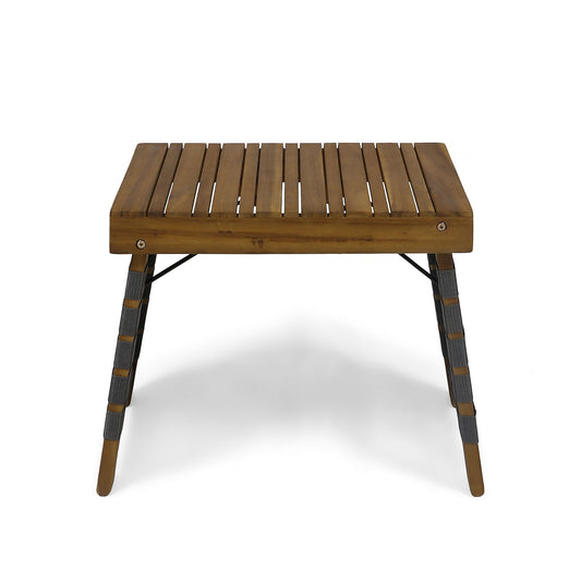 The Outdoor Wooden Foldable Side Table - Teak features slatted wood, four angled legs with wrapped detailing and metal braces for support, and is shown on a white background.