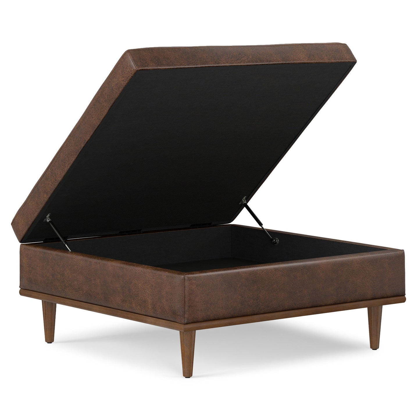 The Shiloh Multifunctional Square Storage Ottoman features a modern design with brown faux leather, wooden legs, and an open, hinged top revealing spacious internal storage.
