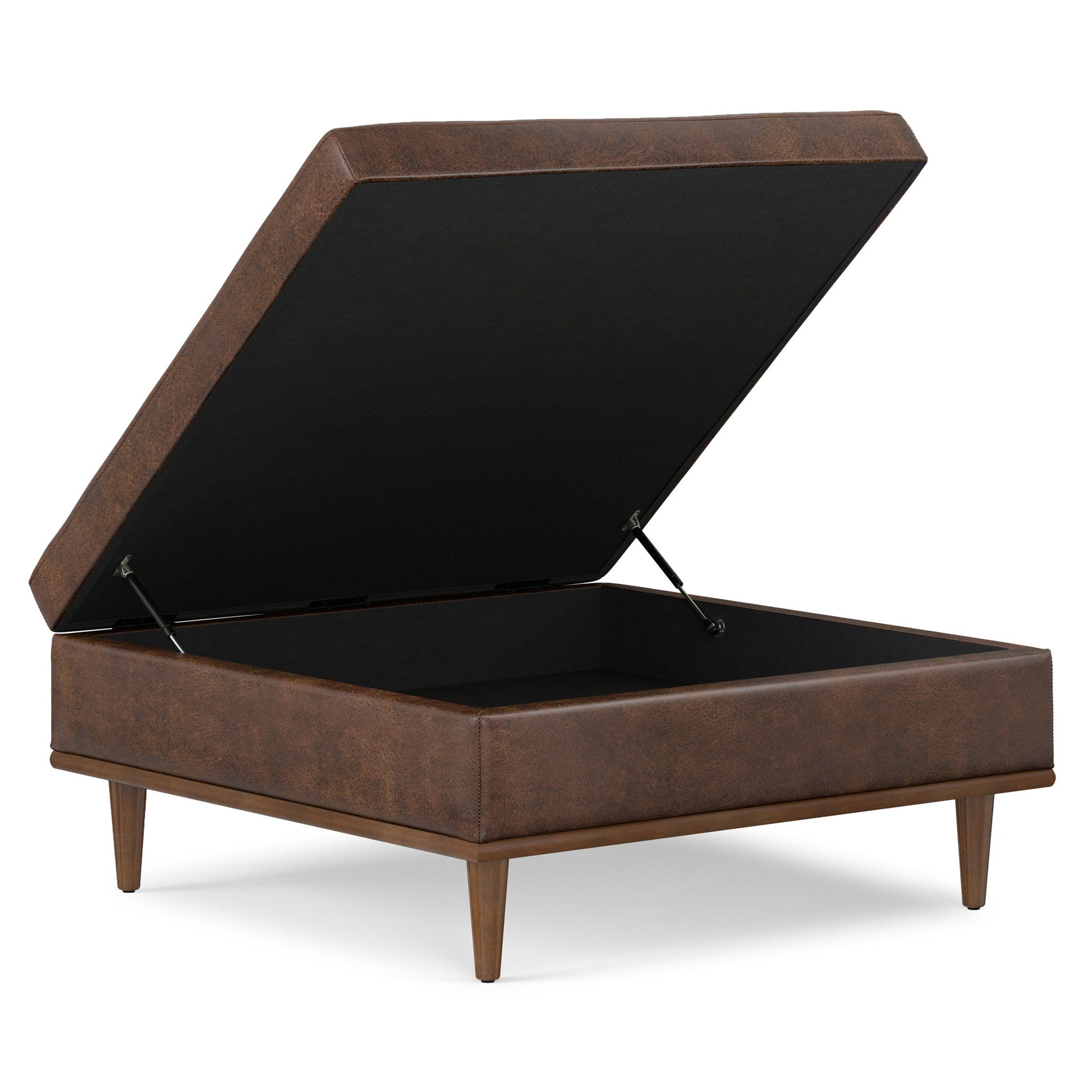 The Shiloh Multifunctional Square Storage Ottoman features a modern design with brown faux leather, wooden legs, and an open, hinged top revealing spacious internal storage.