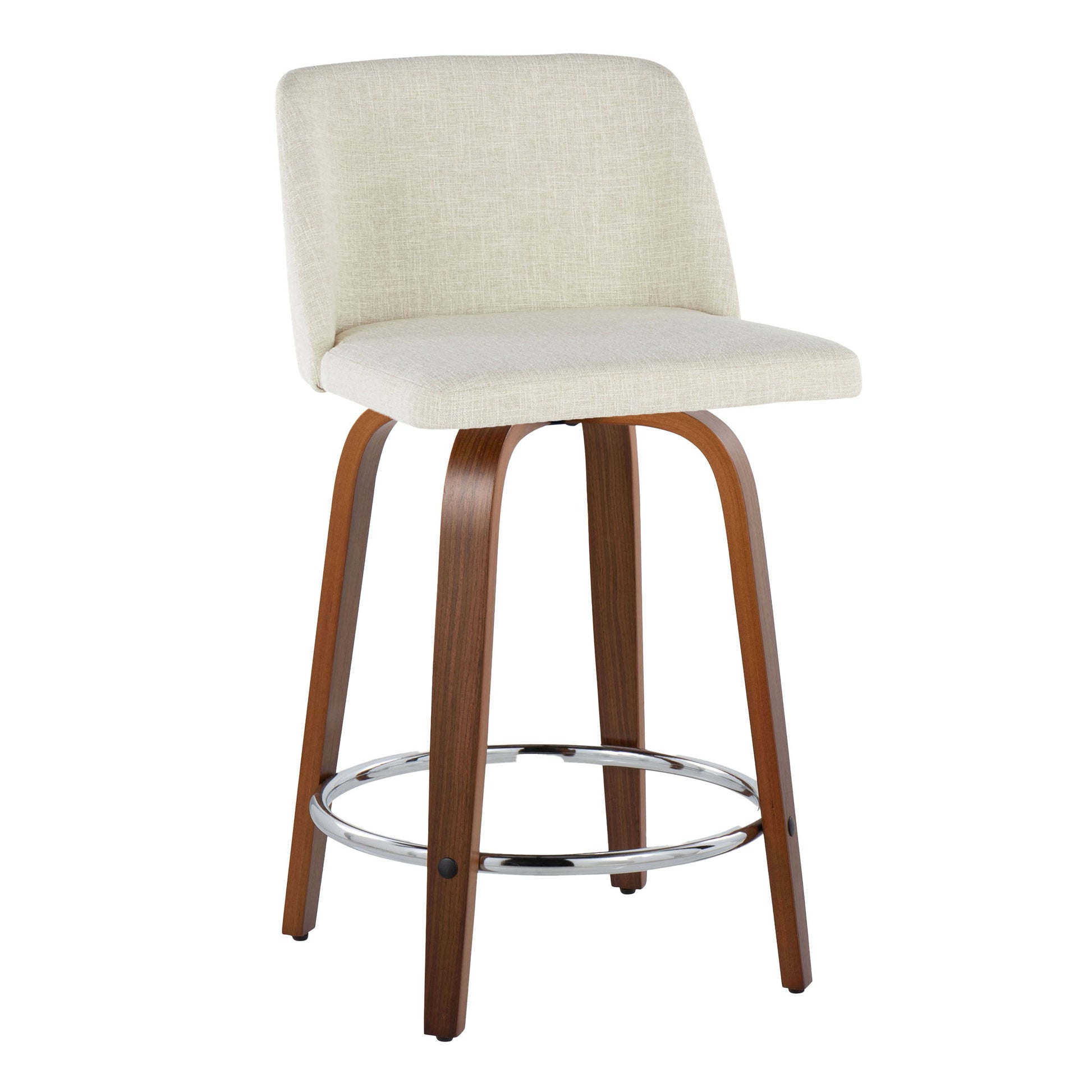 The Toriano stool set features modern mid-century style with beige upholstered seats and backrests, curved wooden legs, and round chrome footrests for a blend of style and functionality.