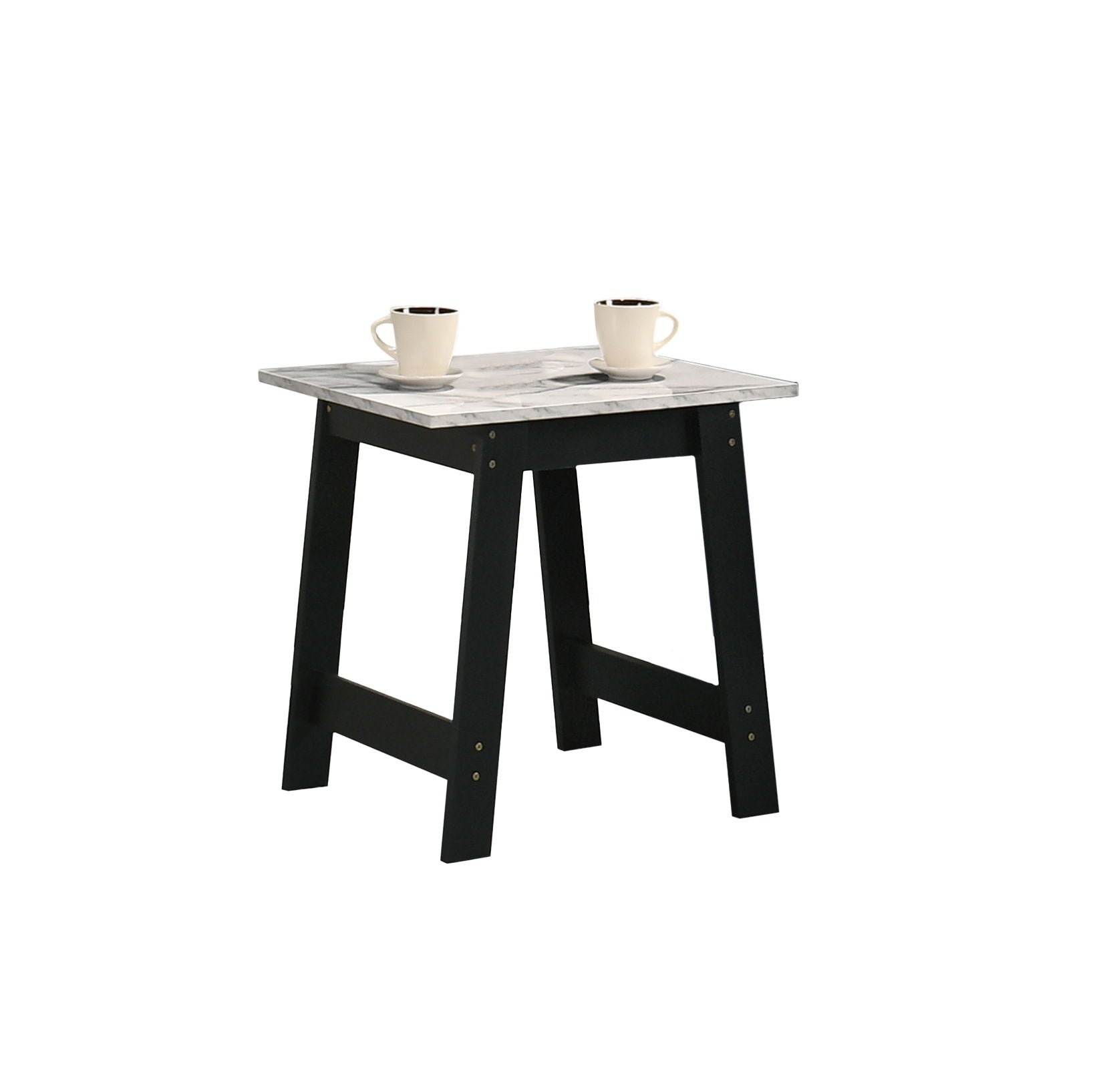 The Kenzo End Table with a faux marble top and black legs features two beige mugs with dark rims placed on its surface.