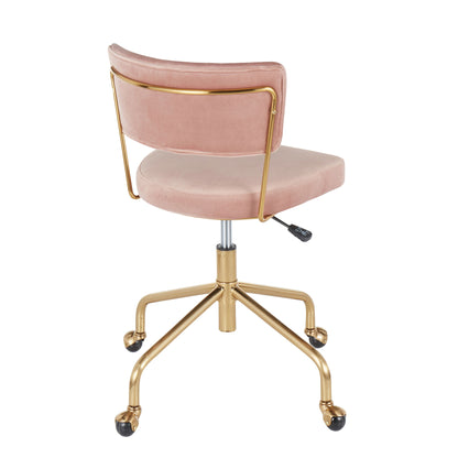 The Tania - Contemporary Task Chair features a pink velvet seat, curved backrest, gold metal frame, and five gold legs with black caster wheels. An adjustable height lever is located beneath the seat for comfort.