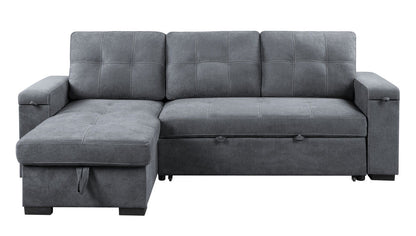 The Toby Reversible Sleeper Sectional Sofa in gray features a woven fabric, storage chaise, cup holder, charging ports, and pockets, with three back cushions and visible stitching, shown against a white background.