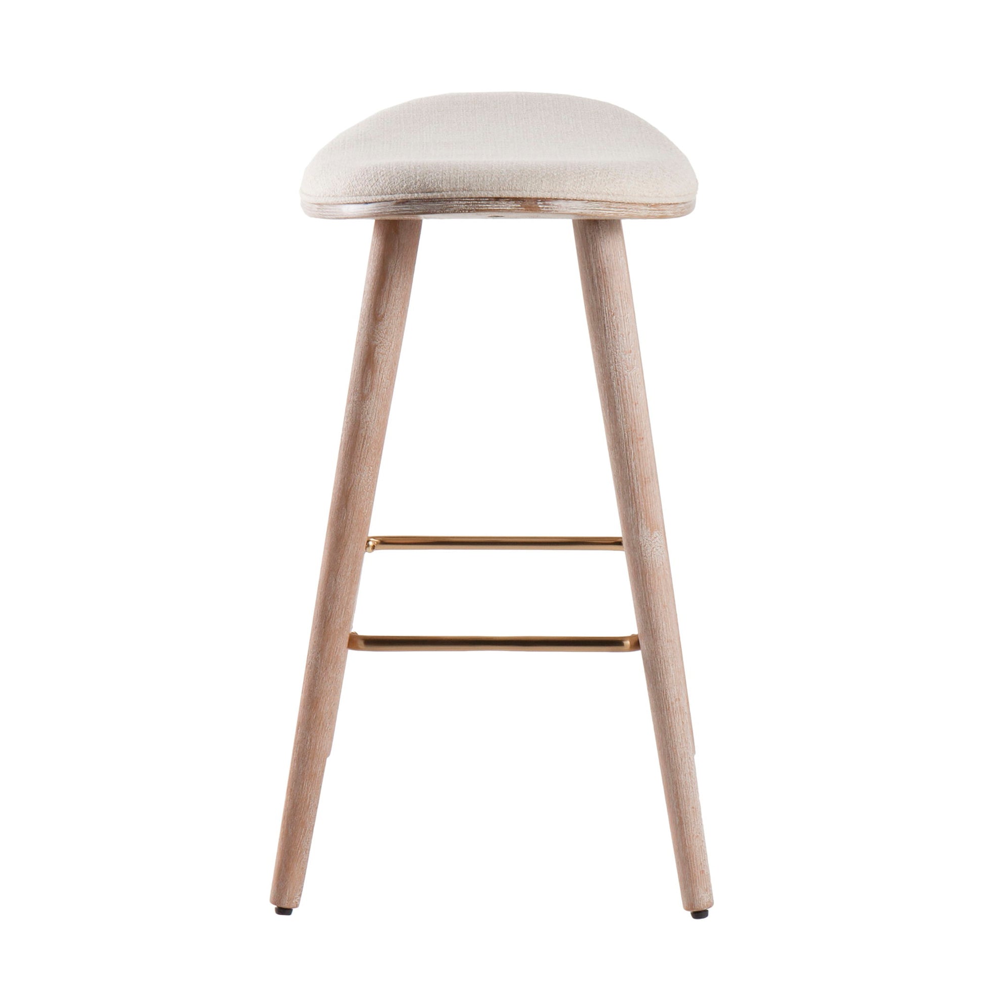 The Saddle - Contemporary Counter Stool (Set of 2) features a light wood frame, curved upholstered seat in a neutral fabric, and a gold metal footrest, shown from the front.