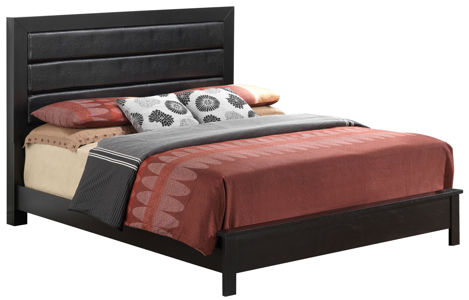 The Transitional Modern Design Bed features a padded headboard, black frame, and is styled with brown, beige, and gray bedding plus patterned pillows for a contemporary look.